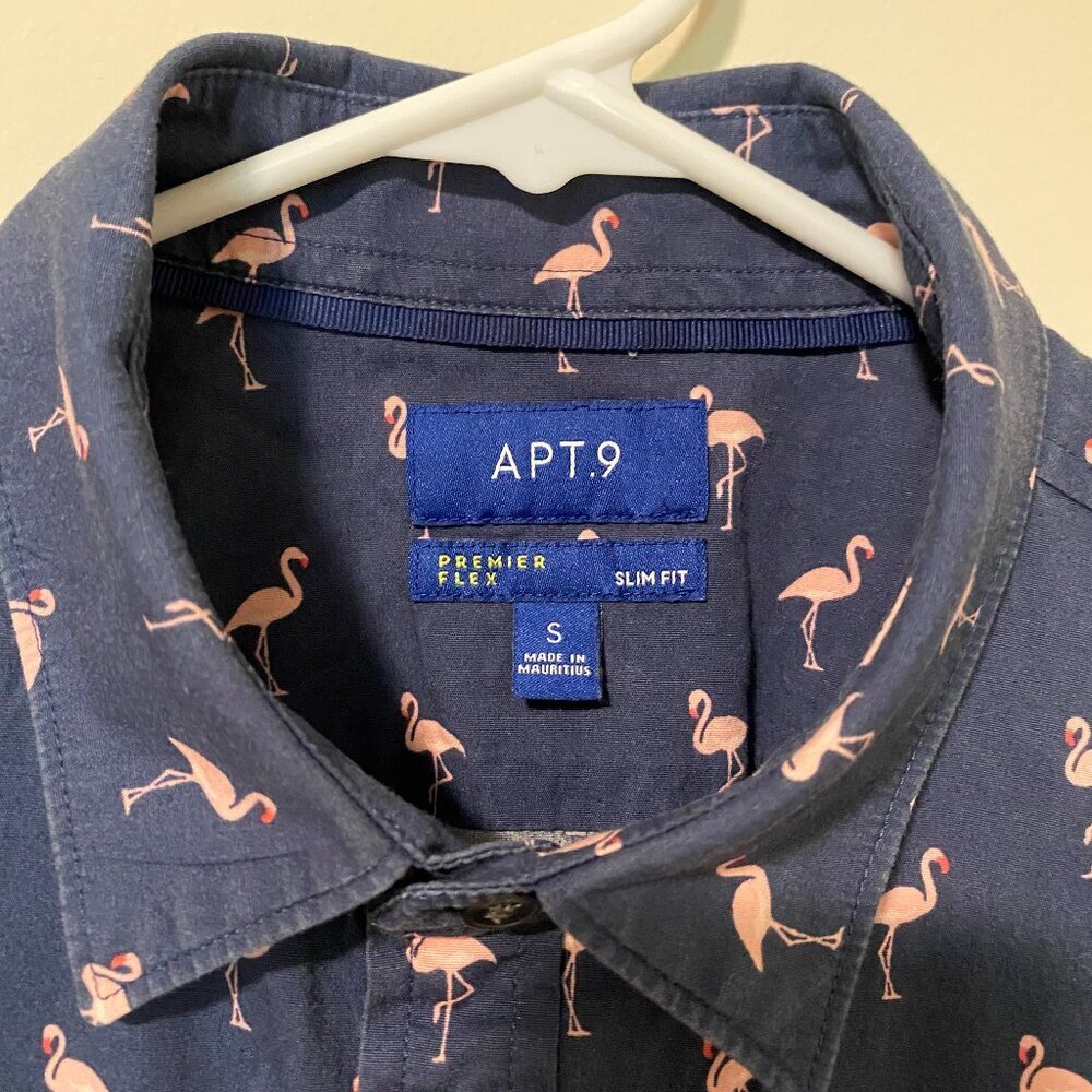 Apt 9 Men’s Small Shirt Slim Fit Premier Flex Short Sleeve Navy with Flamingos - Picture 10 of 11